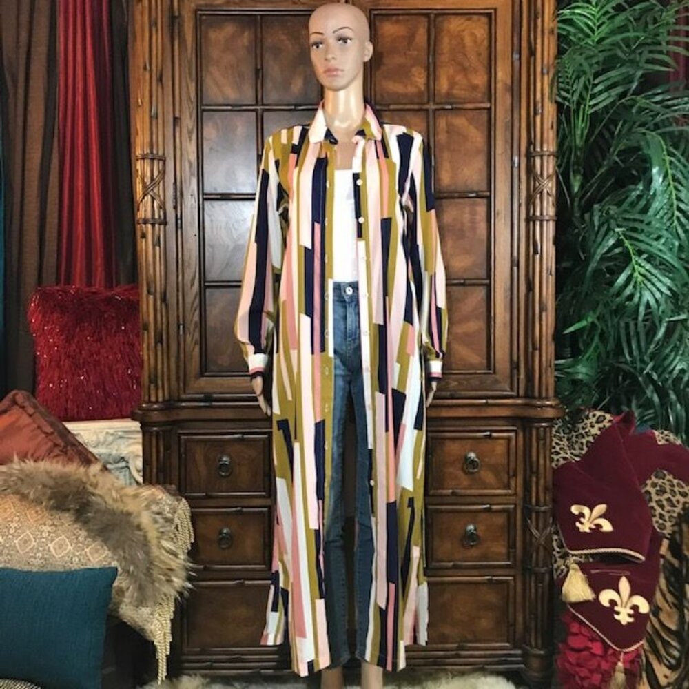 G by Giuliana Pink Multi Stripe Side Slits Belted Maxi Cardigan Maxi Dress